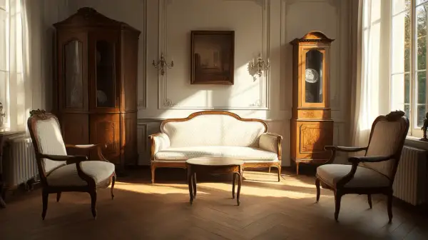 Een salon in biedermeier stijl met een bank, twee stoelen, een salontafel en kasten.