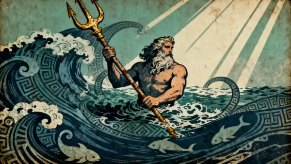 Wie is Poseidon? De god van de zee, met drietand, te midden van woeste golven en vissen.