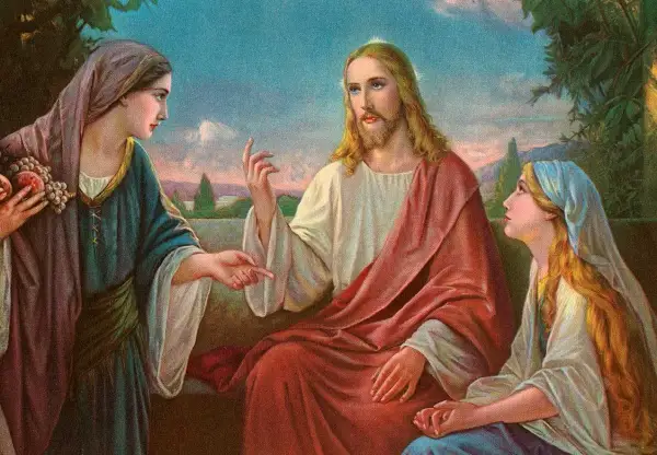 Jezus zit met twee vrouwen, een met fruit, en legt hen iets uit. Wie is Jezus?