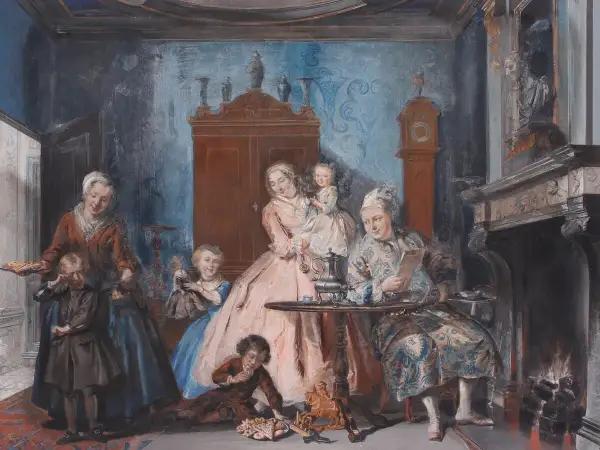Een tafereel van Cornelis Troost: een gezin geniet van een gezellige middag met koekjes en thee, terwijl de haard knispert.