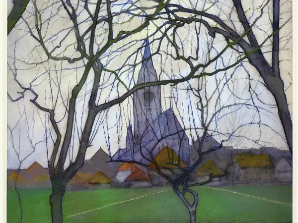 Een schilderachtig **dutch landscape** met een kerk en huizen, omlijst door kale takken.