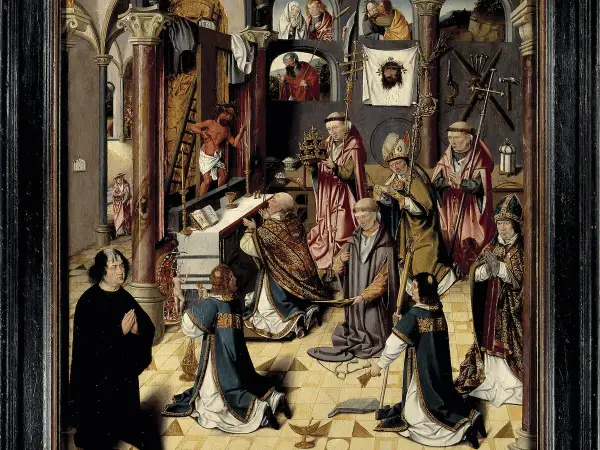Gedetailleerd tafereel met religieuze figuren, een altaar en symbolen van het lijden van Christus, kenmerkend voor middeleeuwse schilderijen.