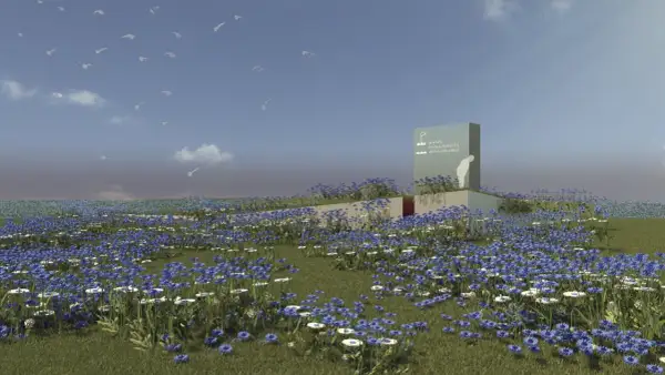 Een bloeiend landschap met een waterval, omringd door blauwe korenbloemen en witte margrieten. Vogels vliegen in de lucht.