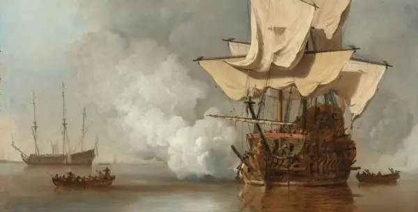 Twee majestueuze hollandse schepen varen op een kalme zee, omringd door mist en kleine roeiboten met zeelieden.