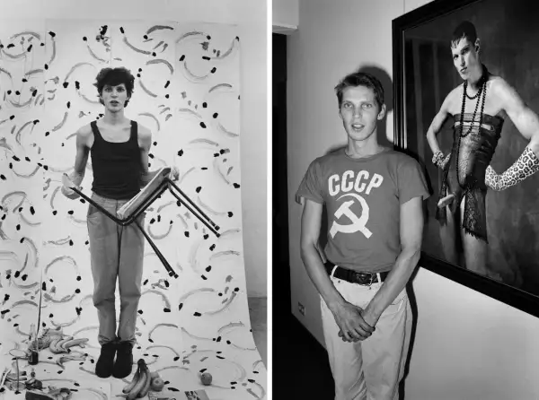 Twee vroege, bekende werken van Erwin Olaf: een man met een stoel voor een abstracte achtergrond en een man met een CCCP-shirt voor een portret.