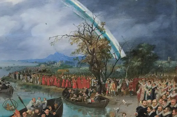 Een processie van geestelijken en leken, sommigen in boten, langs een waterkant, onder een regenboog. Een scène die doet denken aan de zielenvisserij.