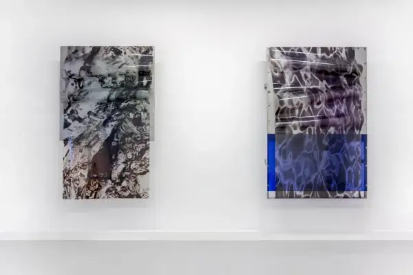 Twee abstracte kunstwerken van Baukje Dijkstra, met golvende patronen die doen denken aan water.