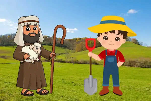 Kain, de boer met schep, en Abel, de herder met schaap, staan in een groen landschap onder een blauwe hemel.