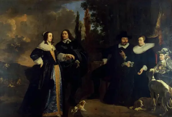 A group portrait of a family with two dogs and a child, painted in a dark, dramatic style.