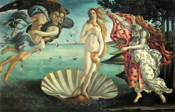 Venus op de schelp, een iconisch werk van renaissance kunst. Ze wordt aangeblazen door de windgoden en verwelkomd door een nimf.