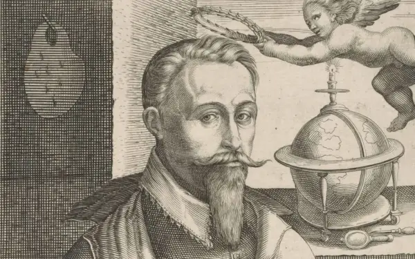 Hendrick Goltzius, een man met een sik, kijkt ernstig. Een putto met een lauwerkrans boven een aardbol met een brandende kaars.