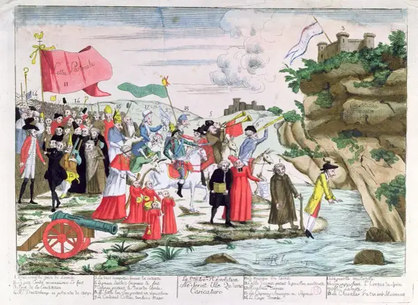 Spotprent Franse Revolutie: geestelijken en edelen vluchten voor de revolutie, terwijl de constitutie op een rots staat.