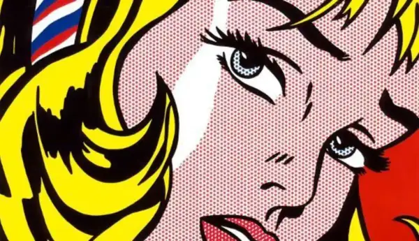Close-up van een vrouwengezicht in pop-artstijl. Deze Amerikaanse popartkunstenaar liet zich inspireren door cartoons, wat te zien is aan de strakke lijnen en stippen.