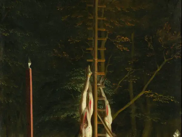 Gruwelijk gebroeders de witt schilderij toont twee opgehangen lichamen in een bos, met een ladder en een paal met een punt.