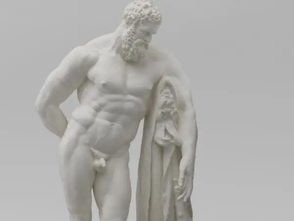 De Farnese Hercules, een marmeren beeld van een gespierde man met baard, leunt vermoeid op zijn knuppel, de huid van de Nemeïsche leeuw over zijn arm.