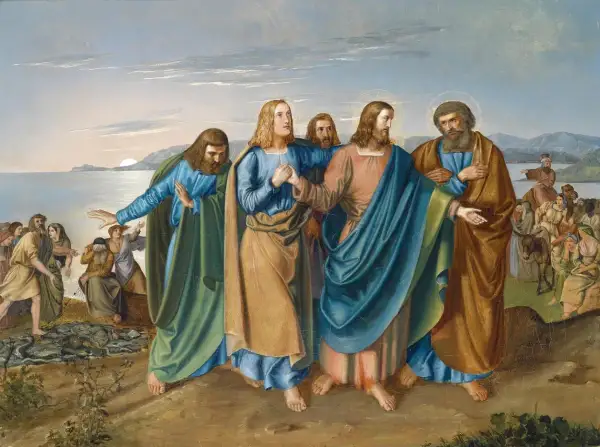 Jezus leidt zijn discipelen, waaronder Petrus, langs de zee. Een menigte volgt hen, sommigen met ezels.