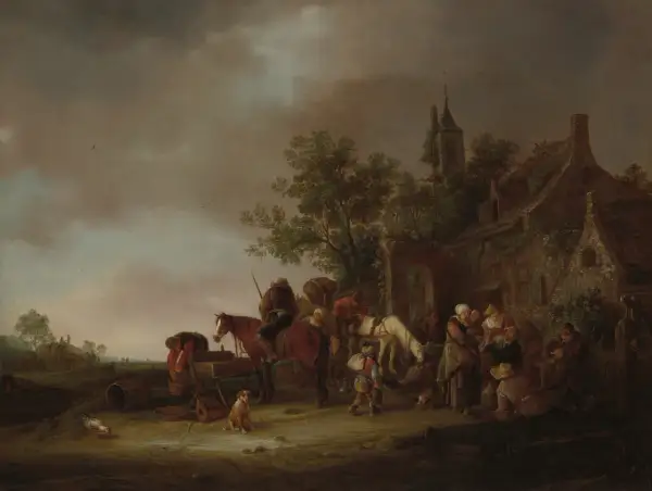 Een levendige scène van Van Ostade met mensen, paarden en kippen bij een herberg, onder een dramatische hemel.