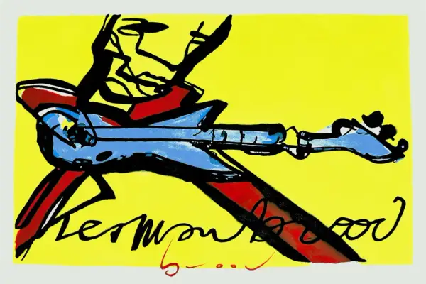 Abstracte afbeelding met een blauwe gitaar en rode accenten, met de handtekening van Herman Brood.