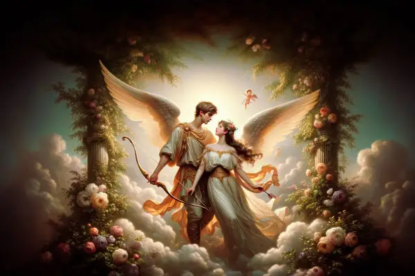 Een gevleugelde man met een boog en pijl, en een vrouw met bloemen in haar haar, omringd door wolken en rozen. Dit is de ware eros betekenis.
