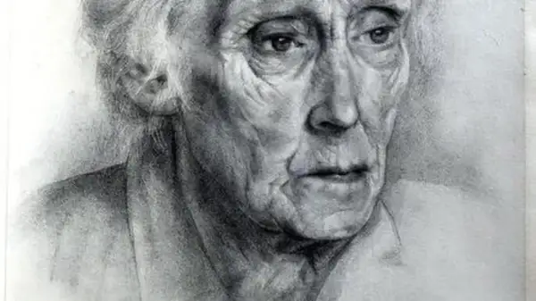 Gedetailleerde potloodtekening van een oudere man, Aart van Dobbenburgh, met diepe rimpels en een peinzende blik.