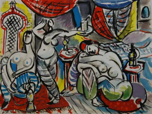 Een levendige interpretatie van "Les femmes d'Alger", met naakte figuren in een weelderige, kleurrijke setting, mogelijk een harem.