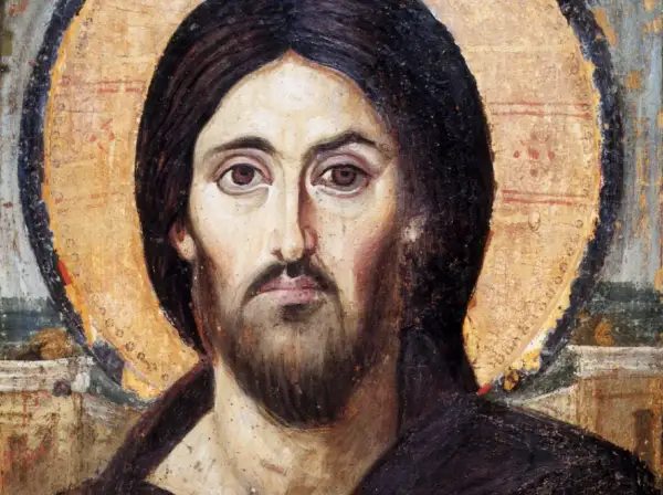 Iconische afbeelding van Jezus met aureool. De vraag hoeveel apostelen had Jezus wordt hier niet beantwoord, maar de afbeelding roept wel de Bijbelse context op.