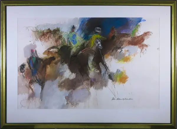 Abstracte paarden en ruiters in beweging, gesigneerd door Jan Peter van Opheusden. Kleurrijk en dynamisch pastelwerk.