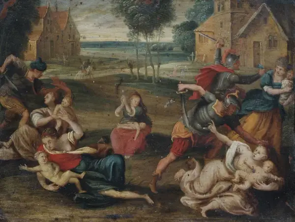 De kindermoord van Bethlehem: soldaten vallen moeders aan en grijpen baby's. Een gruwelijk tafereel.