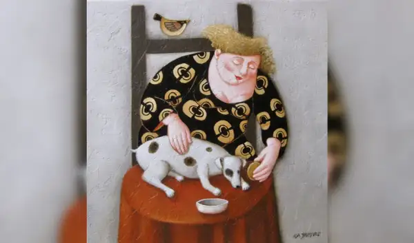 Een vrouw met een vrolijk patroon op haar jurk aait een hondje. Een vogel kijkt toe. Ada Breedveld.