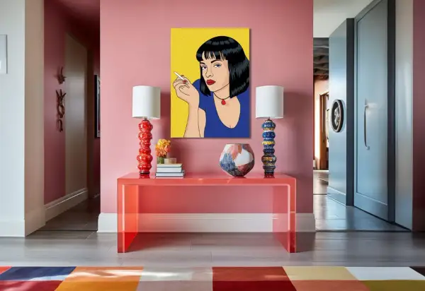 Pop art kenmerken: een vrouw met sigaret, felgekleurde meubels en een grafische print.
