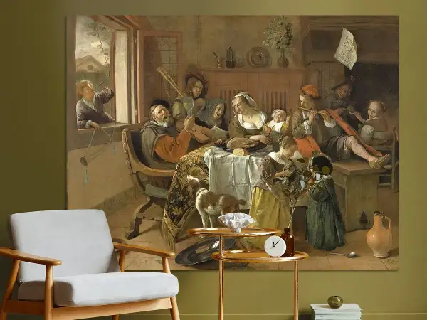 Het vrolijke huisgezin geniet van muziek en gezelligheid rond de tafel. Een kind speelt buiten, terwijl binnen de muziek klinkt.