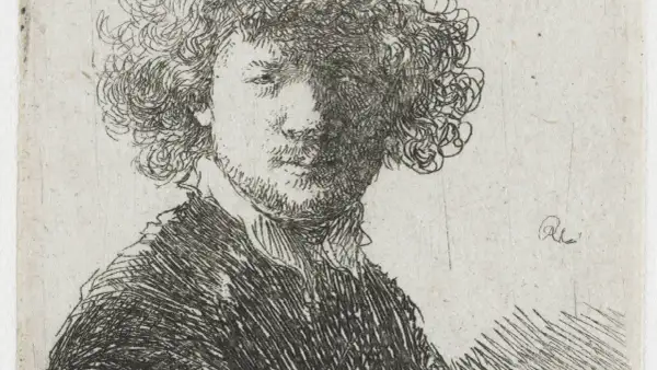 Een ruw, gedetailleerd Rembrandt zelfportret met krullend haar en een schaduw over het gezicht. De kunstenaar kijkt peinzend.