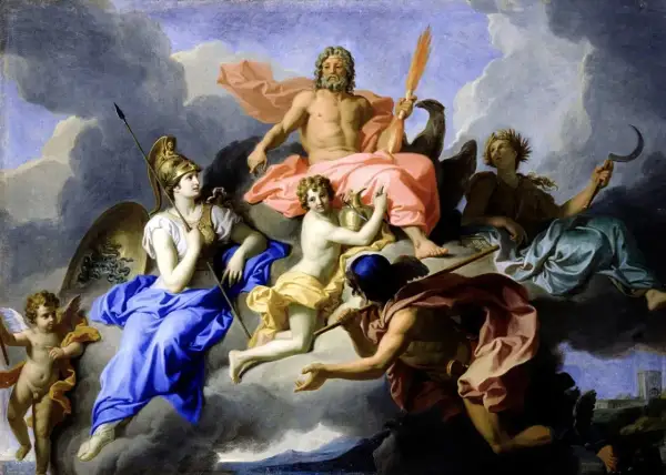 Een hemelse bijeenkomst met bekende griekse goden namen: Zeus, Athena, Apollo, Hermes en meer, zwevend op wolken.