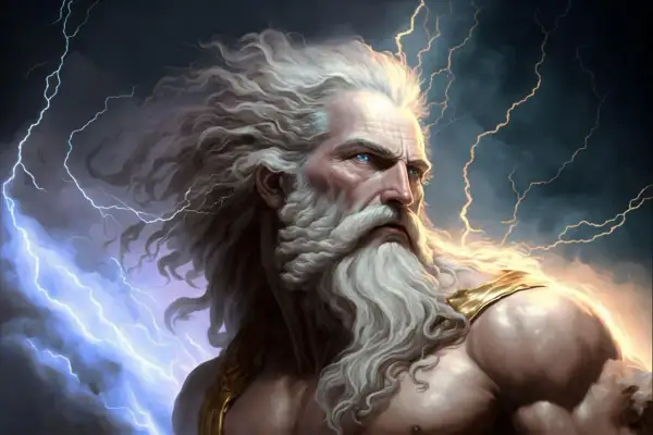 De griekse oppergod Zeus, met wapperend wit haar en baard, omringd door bliksem. Zijn blauwe ogen kijken intens.