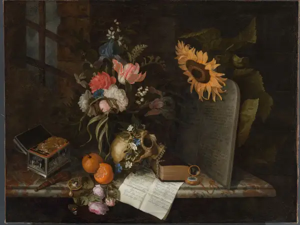 Vanitas still life with flowers, skull, open box of coins, oranges, and a book with Hebrew text.