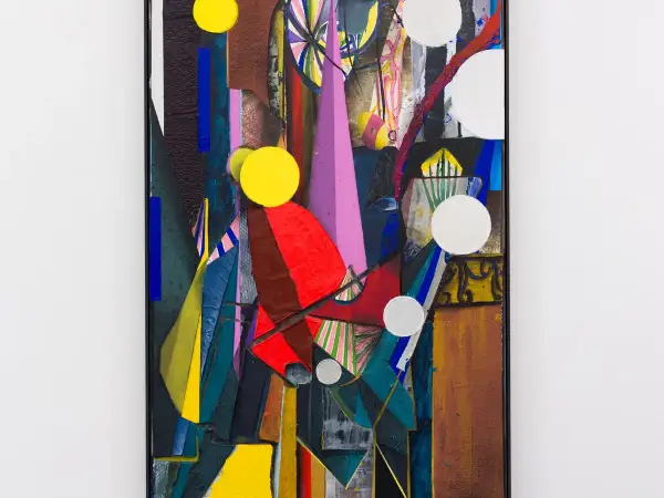 Abstract collage met felle kleuren en vormen, kenmerkend voor Tjebbe Beekman.