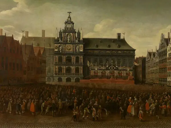 Een schilderij van de Vrede van Münster: een menigte verzameld op een plein voor een imposant stadhuis, waar een ceremonie plaatsvindt.