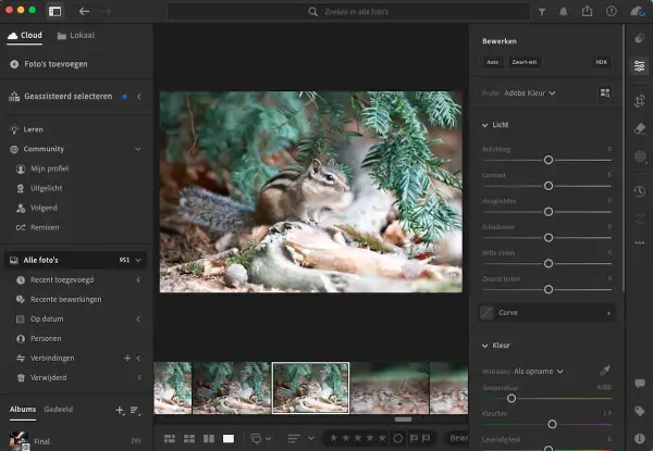 Chipmunk in bos, bewerkt met bekende software voor het bewerken van foto's. De interface toont bewerkingsopties zoals belichting en kleur.