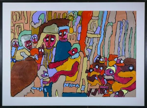 Levendige, expressieve marion bloem schilderijen met een groep kleurrijke, abstracte figuren in een drukke scène.