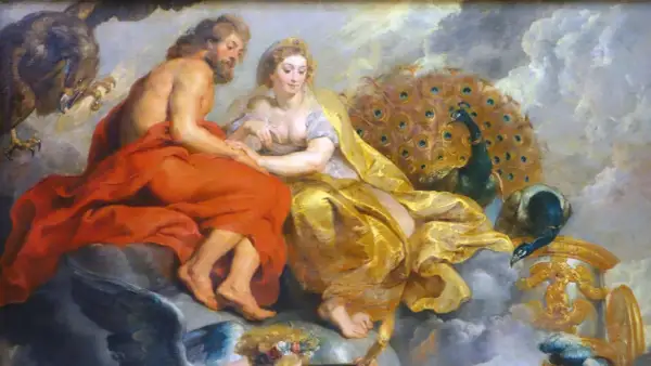 Zeus en Hera, de koning en koningin van de goden, omringd door pauwen en een adelaar. Hera is de vrouw van Zeus.